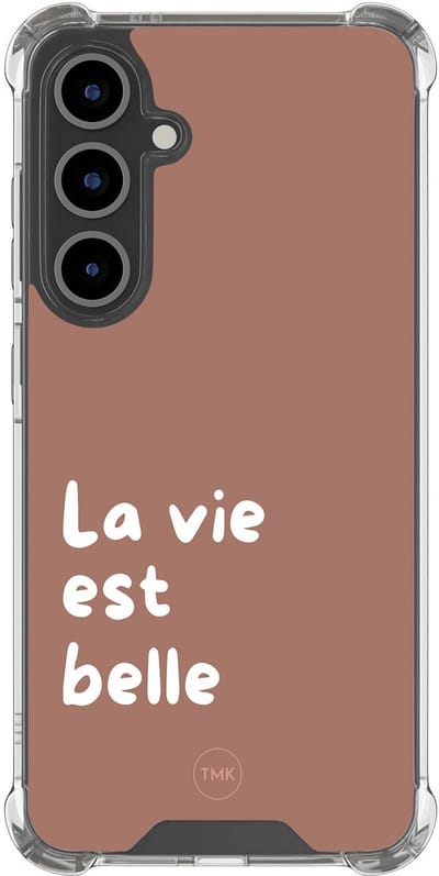 Shockproof hoesje geschikt voor Samsung Galaxy S25 FE - La vie est belle - Schokbestendig - Verhoogde randen - TPU case - Extra Sterke Back Cover - Tekst - Transparant, Bruin