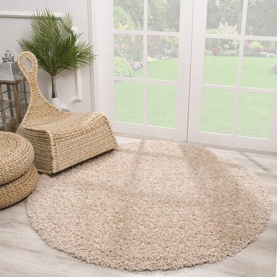 Rond Loca Shaggy Vloerkleed – Modern Uni Effen – Beige Hoogpolig & Zacht- 240 CM Ø