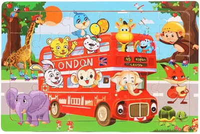 Londen Bus Houten Puzzel voor Kinderen - 30 Stuks Educatief Speelgoed - Dieren en Bus Avontuur - Ideaal voor Leren en Spelen