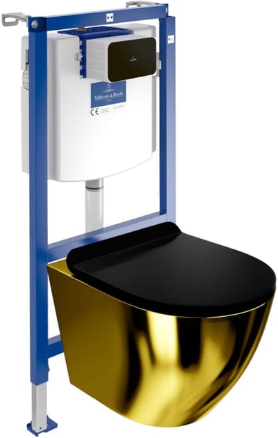 VILLEROY & BOCH VICONNECT H112 - Inbouwreservoir WC - Zwarte drukplaat - Rimless SOFI SLIM Gold Black - Toiletset