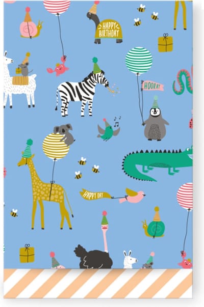 Cadeauzakjes voor kinderen- Inpakzakje van papier- Gezellig zakje met feestbeesten met feesthoedjes en ballonnen- Cadeauzakje party animals - Blauwe inpakzakjes- 10 zakjes- 12x19 cm