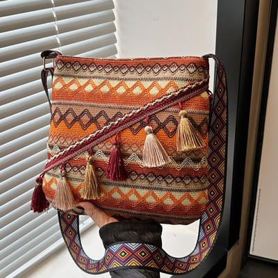 Grote capaciteit Etnische Stijl Tas voor Vrouwen Handgeweven Boho Stijl Schoudertas voor Vrouwen Brede Crossbody Tas voor Vrouwen brown