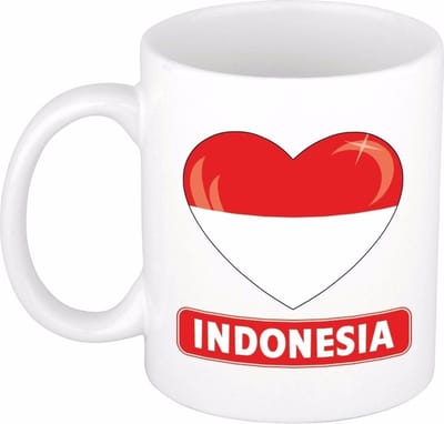 Hartjes vlag Indonesie koffiemok - drink beker - white - 300 ml - Indonesia - Supporters - cadeau - landen - feestartikelen