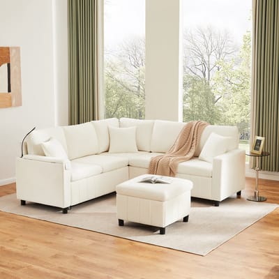 Wishdor - Hoekbank Met Slaapfunctie En Opberghocker - Leeslamp En Laadpoorten - Multifunctioneel - Chenille - Beige - 205 x 205 x 85 cm