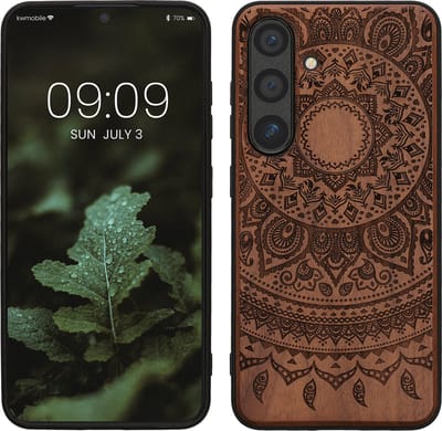 kwmobile telefoonhoesje geschikt voorSamsung Galaxy S24 - Hoesje met bumper - hout - In donkerbruin Indian Sun design