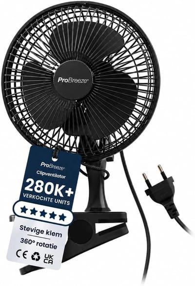 Tafelventilator met Klem – 360° Draaibaar – 2 Snelheden – Stille Mini Ventilator – 20 cm Zwart