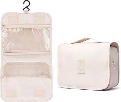 Hangende toilettas, opvouwbare toilettas met handvat, make-uptasje, opbergtas met grote capaciteit, beige