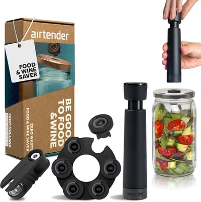 Airtender Food & Wine Saver | GIFT PACK | Vacuümpomp | Dekselperforator | 6x Vacuümstopper + Bewaarclip | Vacumeer flessen & potten | Bewaar tot 5x langer | Voorkom verspilling | Voedsel bewaren zonder microplastics | Made in Holland