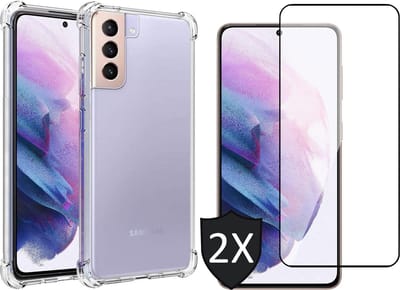 Hoesje geschikt voor Samsung Galaxy S21 FE - Anti Shock Proof Siliconen Back Cover Case Hoes Transparant - 2x Full Tempered Glass Screenprotector