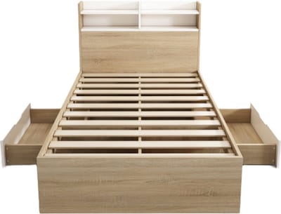 Zonder Matras Houten Bed 90x200 cm Wit / Eiken Tweekleurig Kinderbed met Hoofdbord Opbergruimte 2 Lades Open Vakken Massief Hout Praktisch Bed voor Kleine Kamers