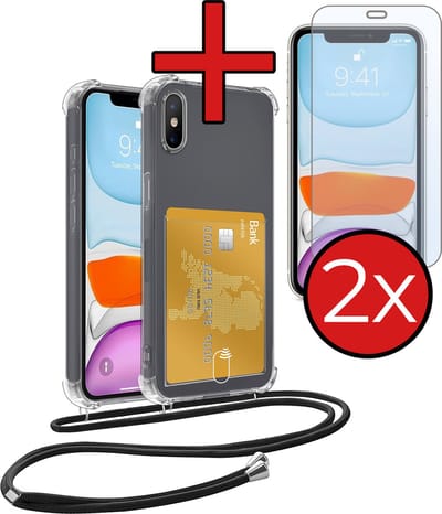 Hoesje Geschikt voor iPhone Xs Max Hoesje Met Telefoonkoord en Pasjeshouder Met 2x Screenprotector Siliconen - Hoes Geschikt voor iPhone Xs Max Hoesje Met Kaarthouder Shock Proof Case - Transparant