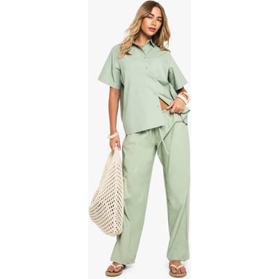 boohoo Dames Katoenen poplin broek met wijde pijpen | Sage | Maat: 6