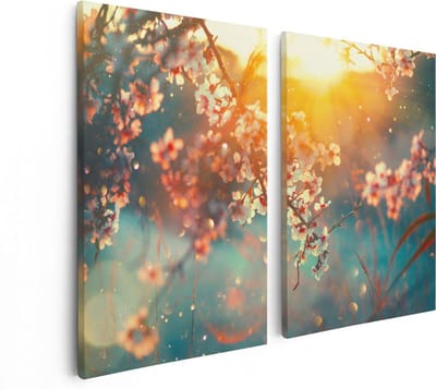 Artaza Canvas Schilderij Tweeluik Bloesemboom Tijdens Zonsondergang - Bloem - 80x60 cm - Wanddecoratie Woonkamer - Schilderijen - Muurdecoratie