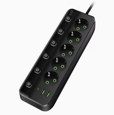 Stekkerdoos met USB-C en USB-A - Europese Stekkerdoos 5 Stopcontacten met Type-C Snellaadpoort - Ruimtebesparende Stekkerblok voor Kantoor en Thuis - Zwart