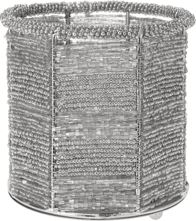 Home&Styling-theelichthouder-waxinelichtjes-zilver-kralen-11cm hoog