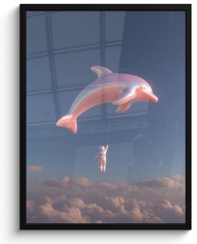 Poster in lijst - Fotolijst 60x80 cm - Posters - Dolfijn - Roze - Astronaut - Posterlijst zwart - Decoratie - Wanddecoratie woonkamer - Muurdecoratie slaapkamer