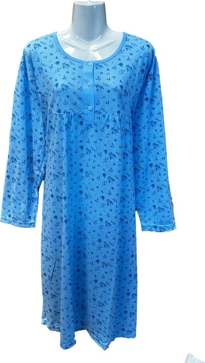 Gebloemde Nachtjapon Dames lange mouwen - Kleur Blauw - Maat L