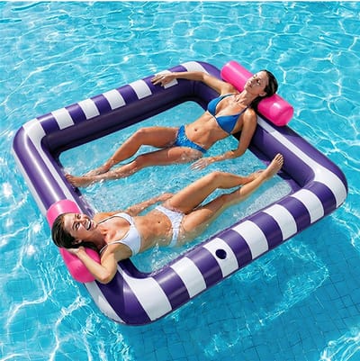 Grote opblaasbaar zwembadbed, drijvende hangmat/ligstoel voor volwassenen, 193 x 170 cm zonnebank, zwemvlot met netmat, zomercadeau voor strand of meer (Donkerblauw)