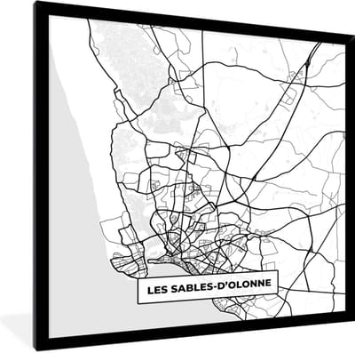 Fotolijst incl. Poster Zwart Wit- Frankrijk - Kaart - Les Sables-D'olonne - Plattegrond - Stadskaart - Zwart wit - 40x40 cm - Posterlijst