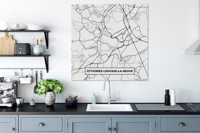 Canvas Schilderij Stadskaart – Plattegrond – België – Zwart Wit – Ottignies Louvain la Neuve – Kaart - 90x90 cm - Wanddecoratie