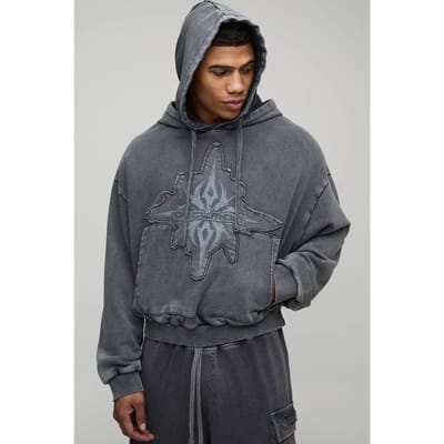 Geslonken Boxy Loopback Gewassen OFCLMAN Applique Hoodie | Charcoal | Size XS