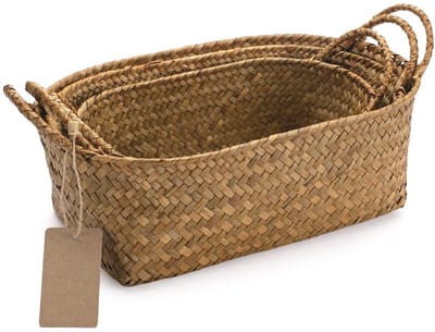 JHUBERS- Opbergmand Natuurlijk Geweven - Set van 3 - Handvatten - Stapelbaar - Metalen Frame - 100% Zeegras - Multifunctioneel - Opbergdozen
