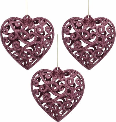 Maroon hart kerstballen, set van opengewerkte kerstballen, kerstboom ornamenten 10,5 cm, 3 stuks