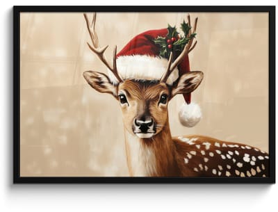 Poster in lijst - Fotolijst 90x60 cm - Posters - Kerst - Hert - Gewei - Rood - Posterlijst zwart - Decoratie - Wanddecoratie woonkamer - Muurdecoratie slaapkamer - Kerstversiering - Kerstdecoratie voor binnen - Kerstmis