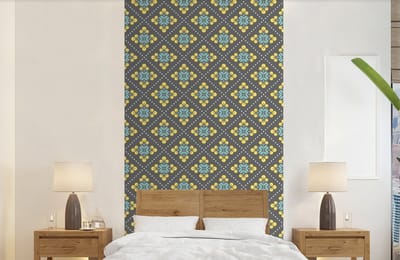 Behang - Fotobehang Design - Ruit - Bloemen - Grijs - Breedte 120 cm x hoogte 240 cm