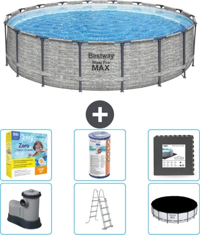 Bestway Rond Steel Pro MAX Zwembad - Steenprint - 549 x 122 - Inclusief Pomp - Ladder - Afdekzeil Onderhoudspakket - Filter - Vloertegels
