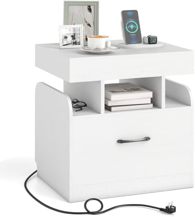 COSTWAY Nachtkastje met 2 stopcontacten, 1 USB, 1 Type-C, geheim vak, bijzettafel met lade, nachtkastje met open vakken, salontafel voor woonkamer, slaapkamer, 50 x 40 x 55 cm (Wit)