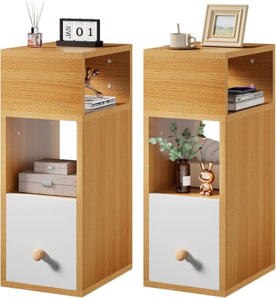 Famanu – Set van 2 smalle nachtkastjes, met 2 open compartimenten en 1 lade, ruimtebesparende houten bijzetafels voor slaapkamer en woonkamer, natuurlijk