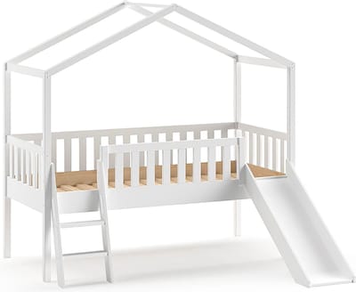 Vipack Kinderbed met Glijbaan Dallas 90x200cm - Halfhoogslaper - Kajuitbed - Bed als Huis - Peuterbed - Ledikant - Bedframe Wit