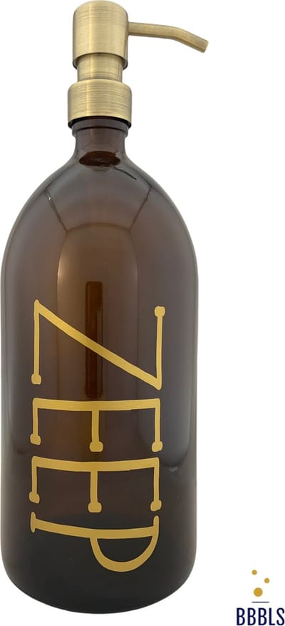 BBBLS® Design Dispenser "Zeep" | Bruin Glas | 1 liter | RVS / Metaal Pomp Goud | Zeeppomp | Zeepdispenser | Zeephouder