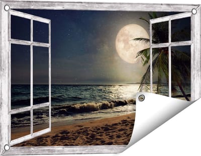 Gards Tuinposter Doorkijk Tropisch Strand in de Nacht met Volle Maan - 60x40 cm - Tuindoek - Tuindecoratie - Wanddecoratie buiten - Tuinschilderij