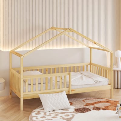 Sunny Kae Bedhuisje – Kinderbed Met Uitvalbeveiliging – 207 x 96 x 156,5 cm – Peuterbed Meisjes en Jongens – FSC 100% Hout – Huisbed 90x200 - Met Lattenbodem – Bedbank - Exclusief Matras – Naturel