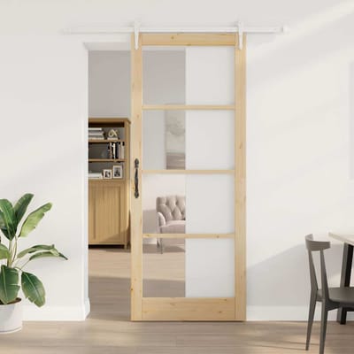 vidaXL - Schuifdeur - 93 - x - 232 - cm - Massief - grenenhout - en - glas - Naturel
