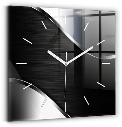 Wallfluent Wandklok - Zwarte en zilveren lijnen Klok met Print - 30 cm x 30 cm - Zwart Wandklok - Witte Handen - Wandklok Zonder Cijfers - Wandklok Glas Woonkamer - Vierkante Glazen Klok - Minimalistisch Wandklok - Klok met Afbeelding