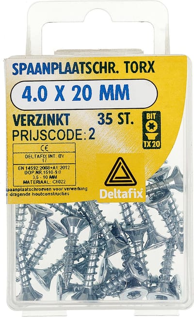 Deltafix spaanplaatschroef. platkop / torx / met nibs / type 17 snijpunt. verzinkt 4.0 x 20 mm 35 stuks Houtschroeven.