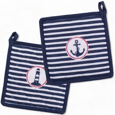 Dailygoods- Pannenlappen Hittebestendig - Ovenhandschoenen 2 Stuks - Wasbaar - Katoen/Polyester Mix - 20 x 20 cm - Gestreept Maritiem - Ovenwanten