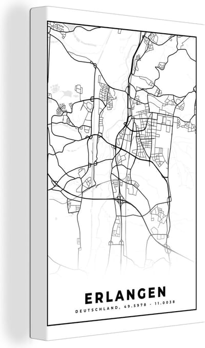Canvas Schilderij Kaart - Erlangen - Plattegrond - Stadskaart - 20x30 cm - Wanddecoratie