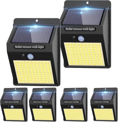 6-pack Solar Bewegingssensoren voor Buiten – 3 Modi / 100 LED – Draadloze Beveiligingsverlichting – IP65 Waterdicht – Wandmontage voor Voordeur, Achtertuin, Garage en Terras (Warmwit)