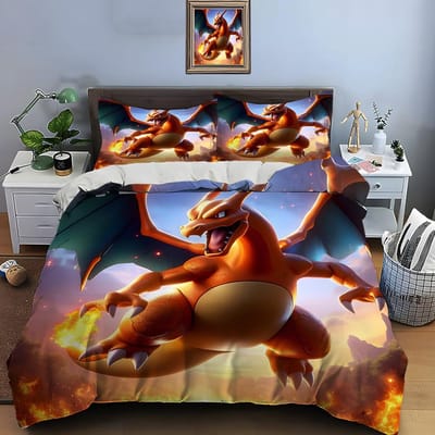 10 Maten Pokémon Charizard Print Beddengoed Set 3 Stuks Set Bed King Size Kussensloop Volwassen Bedovertrek Slaapkamer Bedset voor Cadeaus EU King 240X220cm