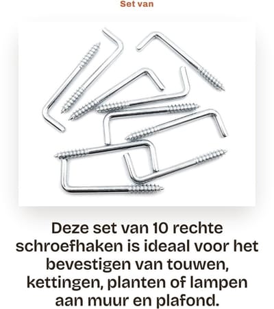 Dailygoods - Set van 10 Rechte Schroefhaken voor Wand en Plafond