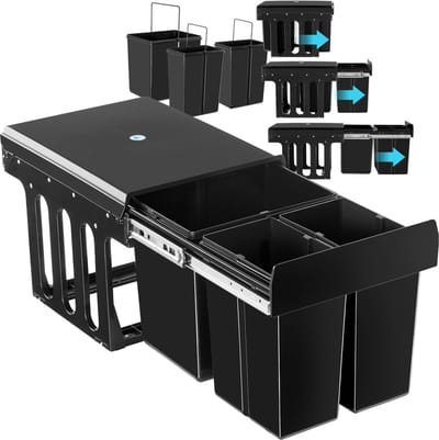 tectake® Afvalverzamelaar - Inbouw vuilnisbak - Meervoudige afvalscheiding - Efficiënte opruimoplossing voor keuken en kantoor - Driedubbele prullenbak met telescooprails - 2x 8L + 1x 15L