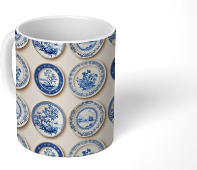 Mok - Koffiemok - Borden - Bomen - Planten - Blauw - Mokken - 350 ML - Beker - Koffiemokken - Theemok
