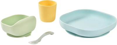 Béaba Silicone Maaltijdset - Kinderservies - 4-delig - Zuignap Kom, Bord & Lepel - Groen/geel