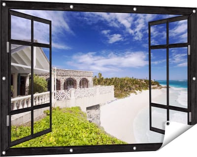 Gards Tuinposter Doorkijk Het Strandhuis - 120x80 cm - Tuindoek - Tuindecoratie - Wanddecoratie buiten - Tuinschilderij
