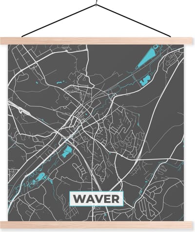 Posterhanger incl. Poster 40x40 cm - Schoolplaat - België – Waver – Stadskaart – Kaart – Blauw – Plattegrond - Textielposter - Blanke latten - Stadskaart