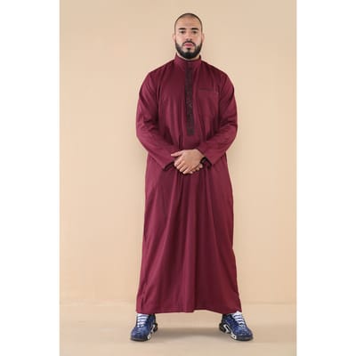 Mens wijn Thobe Jubba Emirati islamitische Arabische Eid borduurwerk Kaftan Jubbah gewaad